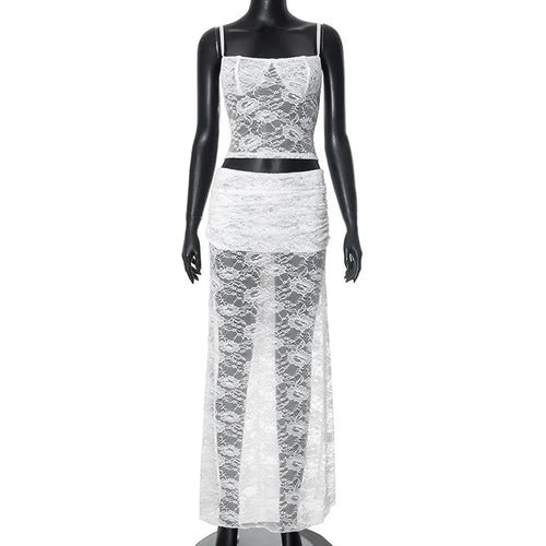 Load image into Gallery viewer, White Lace Sexy Two Piece Sets Woman Halter Top And Long Maxi Skirt Ladies Fashion Sheer Mesh Elegant Matching Sets
