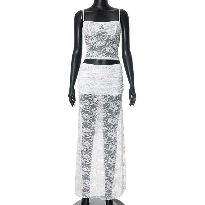 White Lace Sexy Two Piece Sets Woman Halter Top And Long Maxi Skirt Ladies Fashion Sheer Mesh Elegant Matching Sets