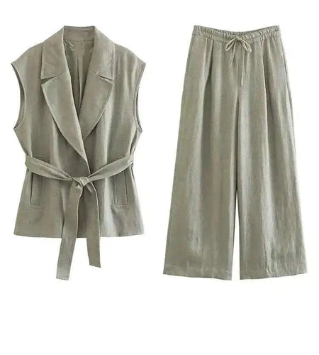 Big Size Green Vest Wide Leg Pants Two Piece Suit New Lapel Sleeveless Women Fashion Tide Spring Summer 2025 1DH6482