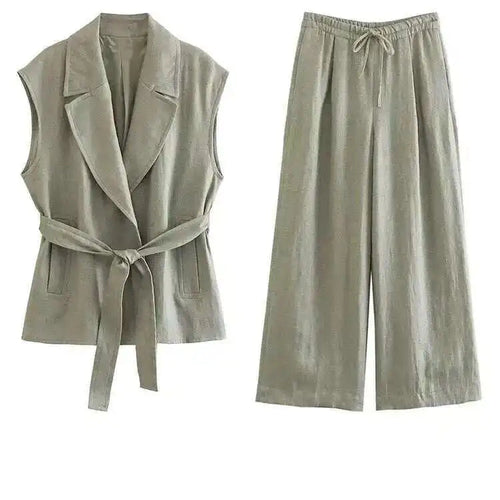 Load image into Gallery viewer, Big Size Green Vest Wide Leg Pants Two Piece Suit New Lapel Sleeveless Women Fashion Tide Spring Summer 2025 1DH6482
