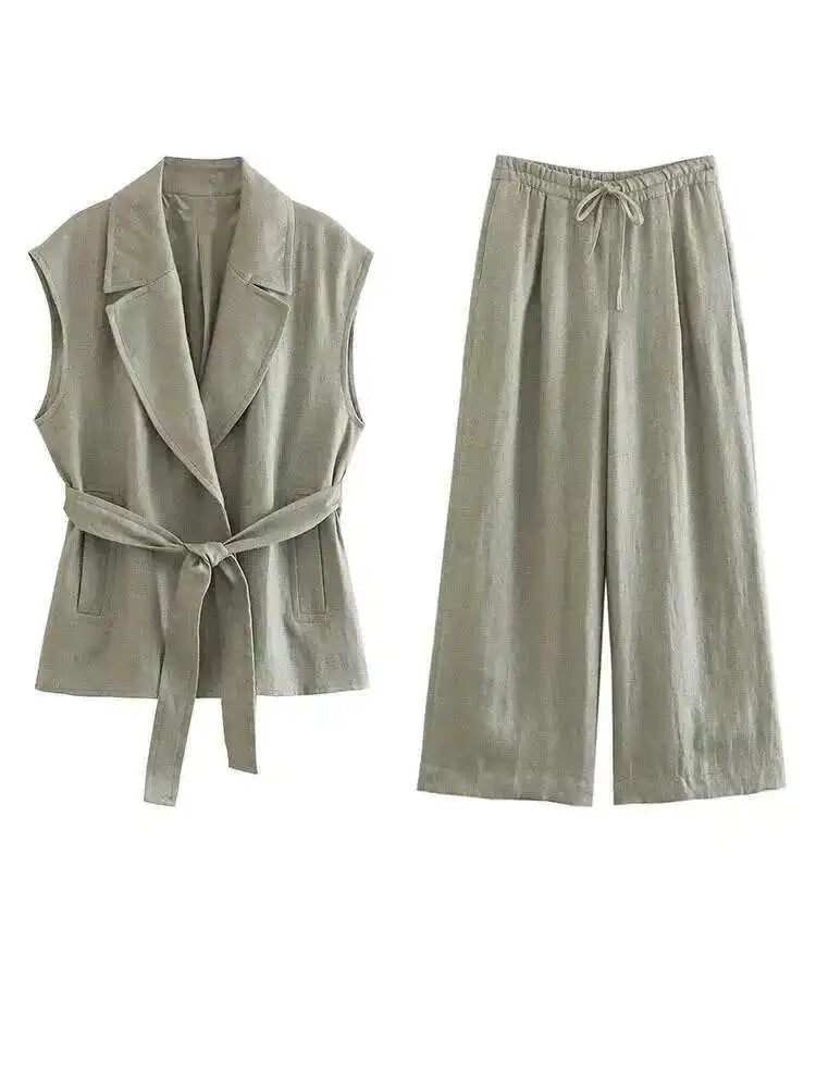Big Size Green Vest Wide Leg Pants Two Piece Suit New Lapel Sleeveless Women Fashion Tide Spring Summer 2025 1DH6482