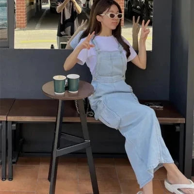 Women Blue Workwear Pocket Design Denim Straps Dress Spring Summer Sleeveless Straight Slip Long Jeans Dresses Female Vestidos