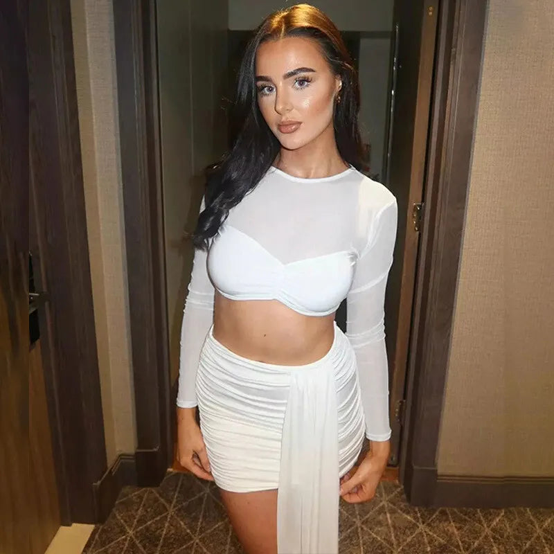 Sexy Skirt Two Piece Sets Women O Neck Long Sleeve T-shirt And Mini Draped Skirt Matching Sets Ladies Skinny Club Sets