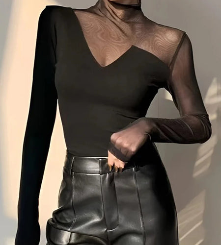 Spring Summer Clothes Mesh Sexy T-Shirts Tops for Women Long Sleeve Woman Asymmetric Skinny Tops Blouse