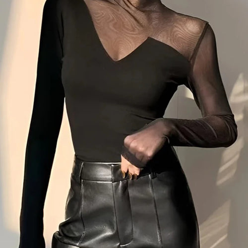 Load image into Gallery viewer, Spring Summer Clothes Mesh Sexy T-Shirts Tops for Women Long Sleeve Woman Asymmetric Skinny Tops Blouse

