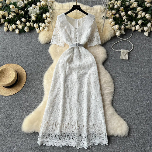 Load image into Gallery viewer, Summer Solid High Waist Button Birthday Lace Long Dress Women French Retro Elegant Short Sleeve Festival Party Evening Dress New
