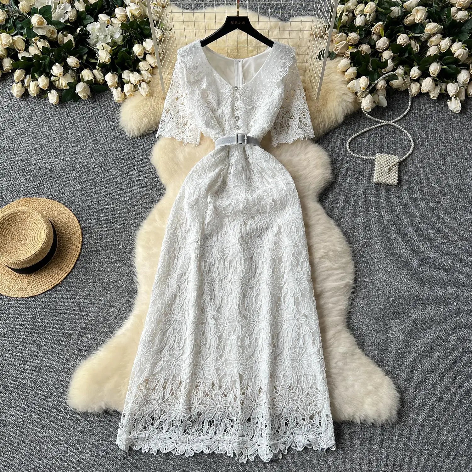 Summer Solid High Waist Button Birthday Lace Long Dress Women French Retro Elegant Short Sleeve Festival Party Evening Dress New