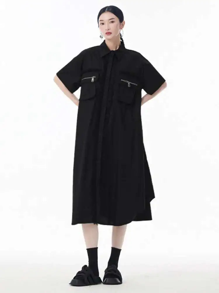 Women White Mesh Color-block Big Size Midi Shirt Dress New Lapel Short Sleeve Fashion Tide Spring Summer 2025 1DJ0003