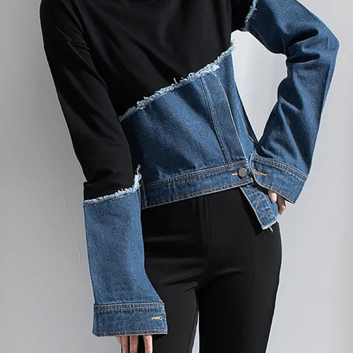 Load image into Gallery viewer, streetwear Asymmetrical sweatshirt for women round neck long sleeve patchwork denim colorblock sweatshirts females
