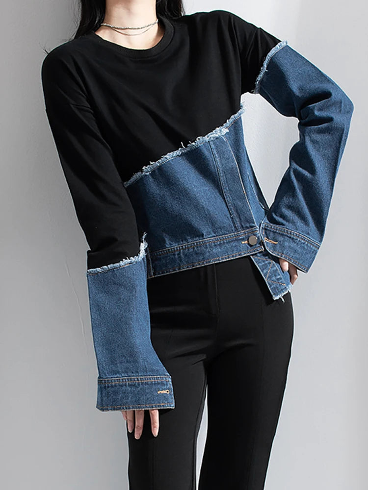 streetwear Asymmetrical sweatshirt for women round neck long sleeve patchwork denim colorblock sweatshirts females