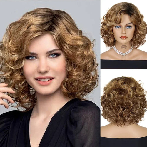 Load image into Gallery viewer, Mommy Wigs Short Synthetc Hair Brown Curly Wig with Side Bangs Dark Roots Ombre Wig Natural Hairstyles Older Lady Hairs
