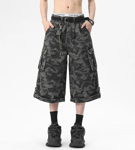 High Street Men's Denim Shorts New Summer Large Pockets Design Multi Buttons Male Straight American Style Bottoms  9W1672