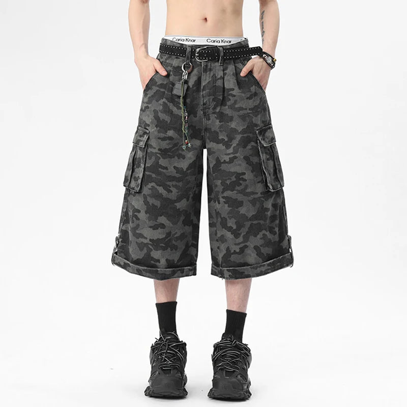 High Street Men's Denim Shorts New Summer Large Pockets Design Multi Buttons Male Straight American Style Bottoms  9W1672