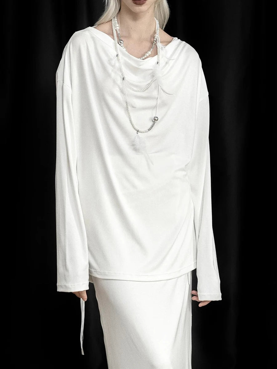 Solid Spliced Lace Loose T Shirts For Women Irregular Long Sleeve Minimalsit T Shirt Female Fashion Style Clothes