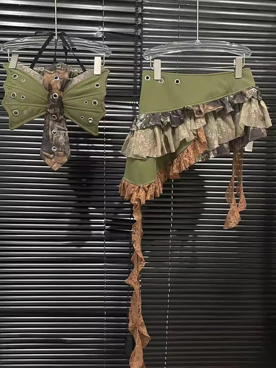 Hit Color Two Piece Set For Women Halter Sleeveless Top High Waist Temperament Mini Skirts Female Fashion Style New