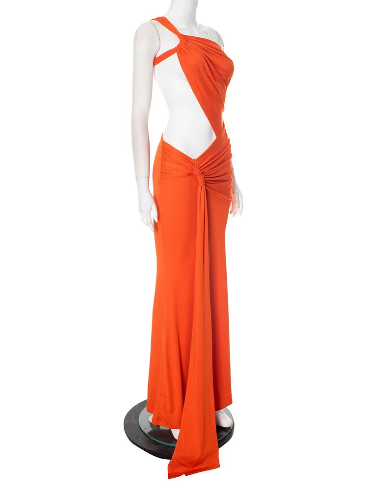 Irregular Ruched Sexy Maxi Dress For Women Gown Hollow Out One Shoulder Sleevelessdraped Bodycon Club Party Long Dress