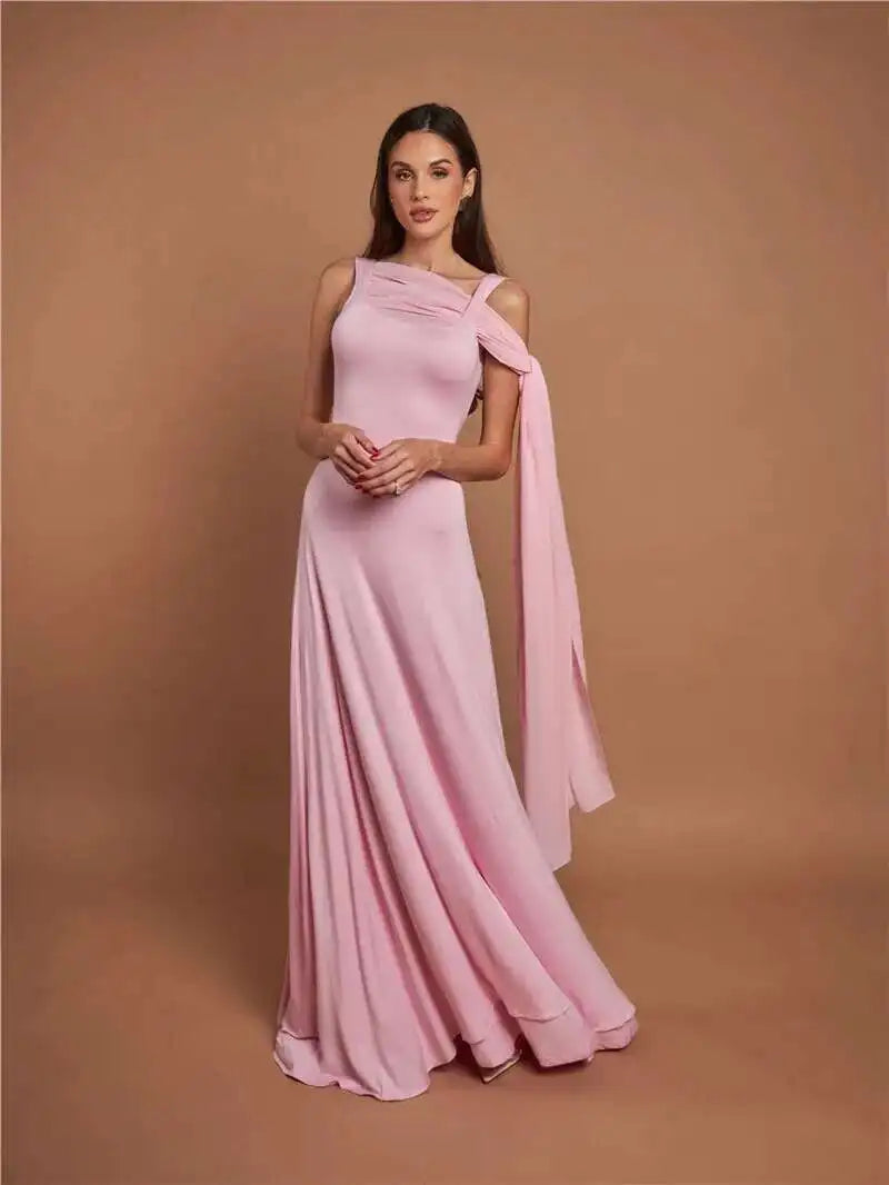Pink Cape Sleeve Sexy Maxi Dress For Women Off-shoulder Backless Gown Elegant Skew Collar Lace-up Long Dress Vestido