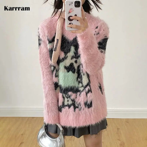 Load image into Gallery viewer, Japanese Y2k Pink Sweater Vintage Harajuku Knitted Pullover 2000s Aesthetic Kawaii Oversized Knitwear Mohair Cute Lolita

