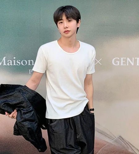 Summer Men's Short Sleeve T-shirts Korean Simple Solid Color Loose Korean Handsome Round Neck Casual T-shirt 9W1612