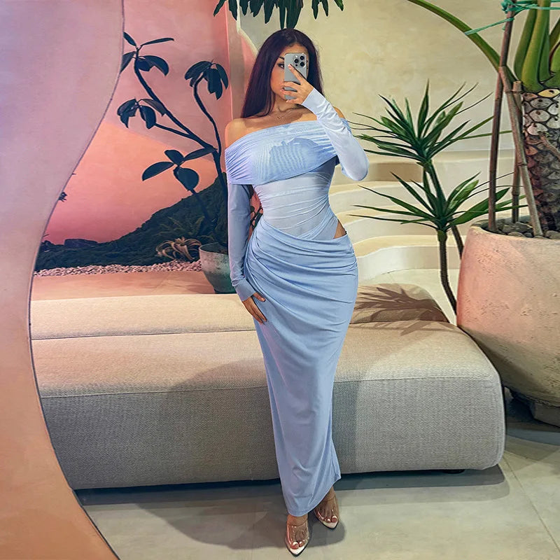 Off-shoulder Mesh See Through Sexy Maxi Dress For Women Elegant Strapless Long Sleeve Backless Bodycon Club Party Dress