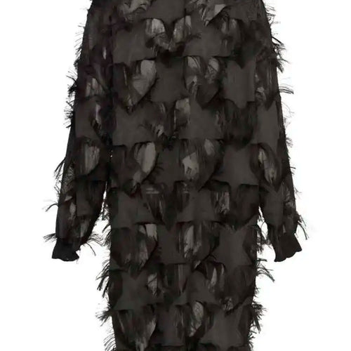 Load image into Gallery viewer, Spring Autumn Stand Collar Long Sleeve Perspective Black Loose Tassels Big Size Dress Women Fashion Tide JI780
