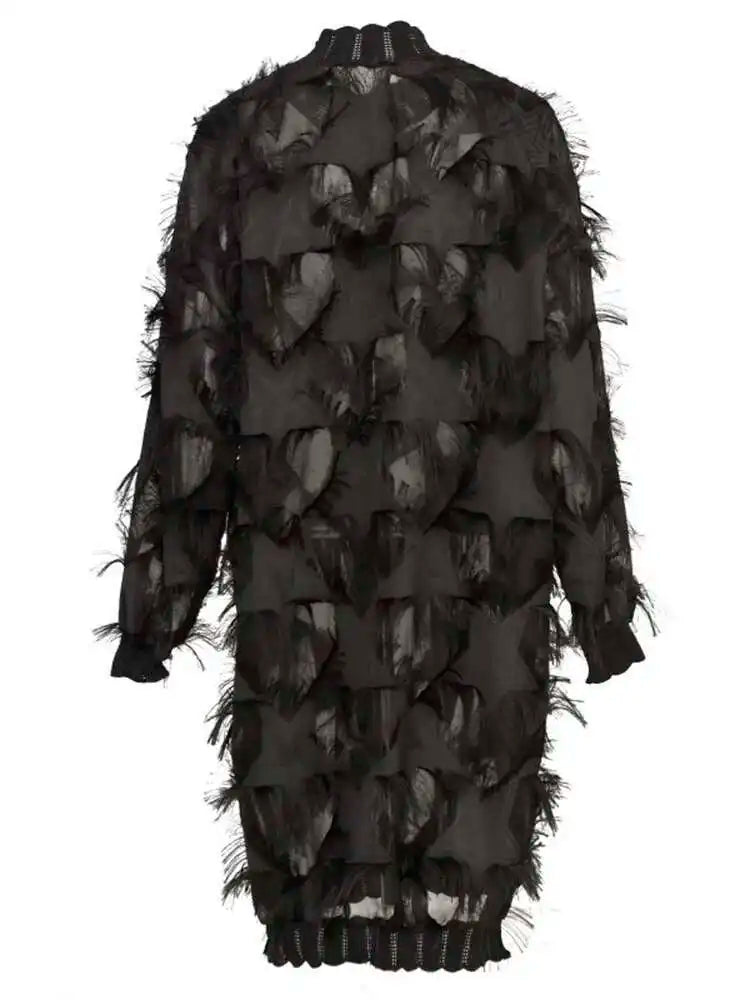 Spring Autumn Stand Collar Long Sleeve Perspective Black Loose Tassels Big Size Dress Women Fashion Tide JI780