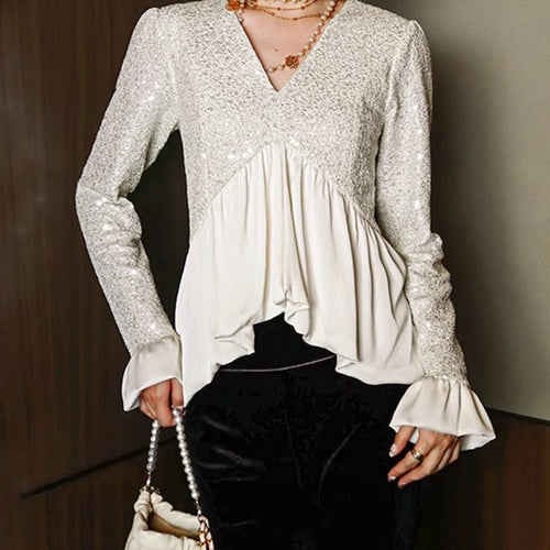 Load image into Gallery viewer, Solid Spliced Sequines Slimming T Shirts For Women V Neck Long Sleeve Temperament Patchwork Ruffle Top Female New
