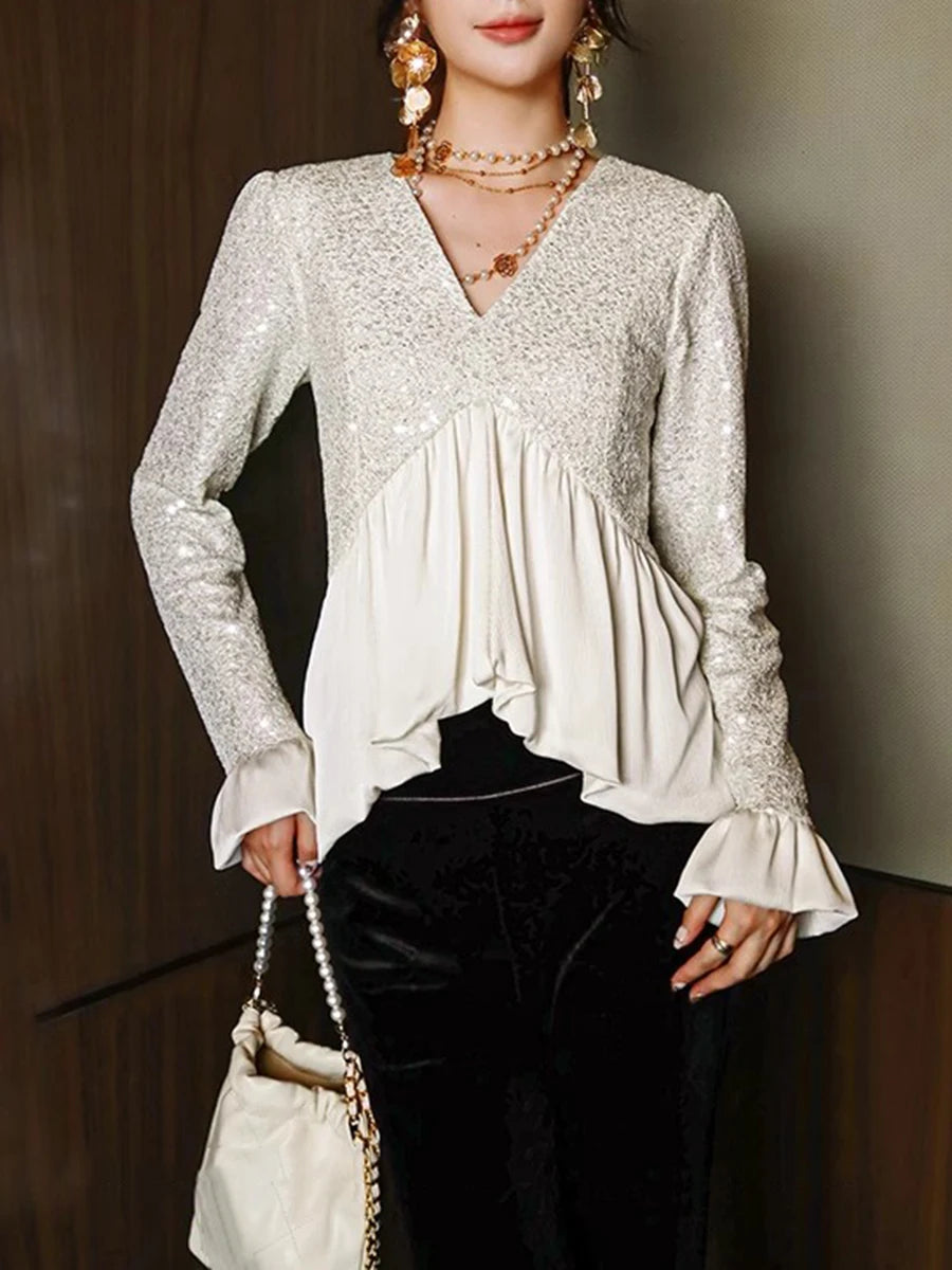 Solid Spliced Sequines Slimming T Shirts For Women V Neck Long Sleeve Temperament Patchwork Ruffle Top Female New