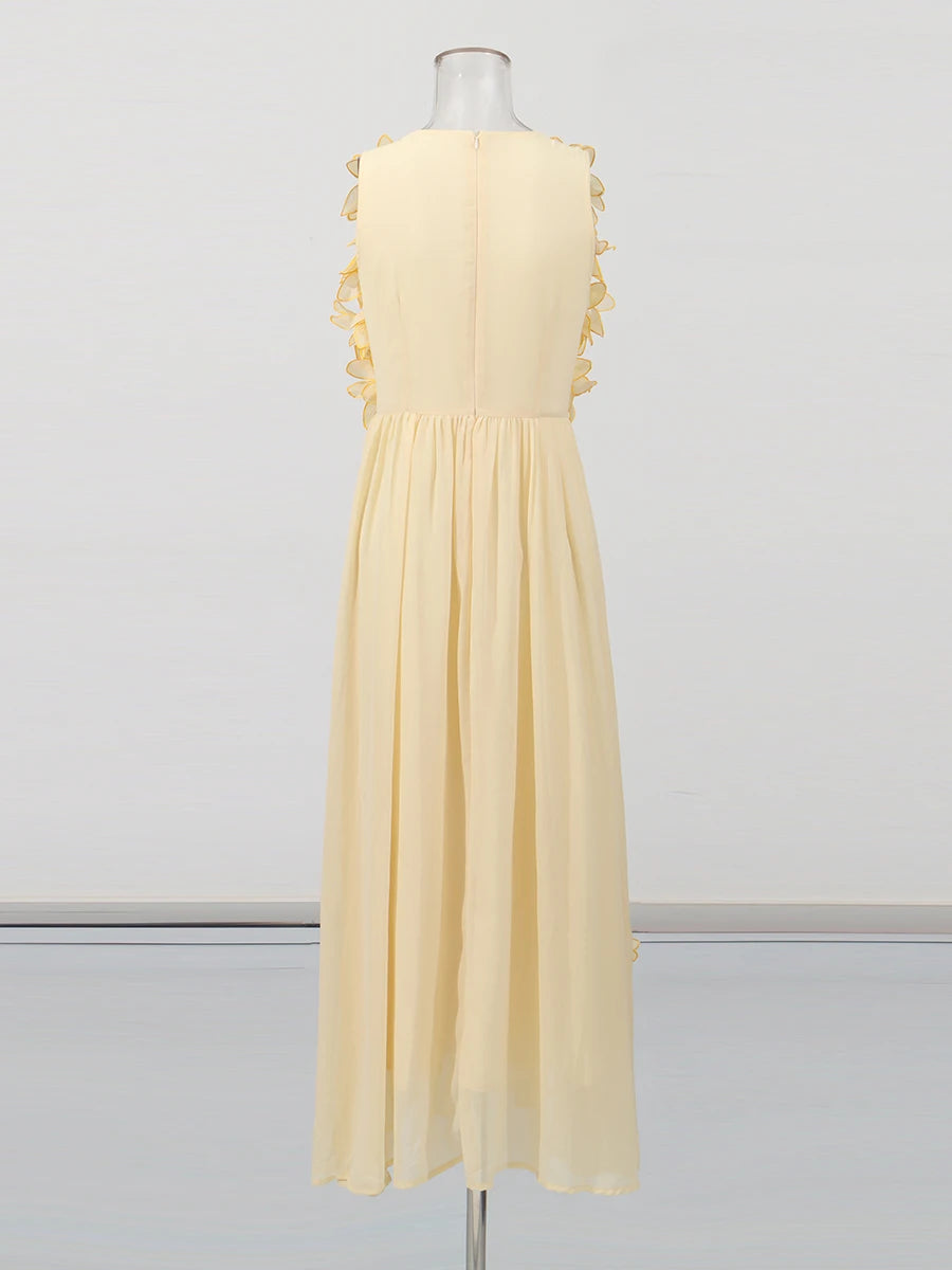 Solid Spliced 3D Flower Elegant Long Dresses for Women Round Neck Sleeveless High Waist Dress Female Clothing New