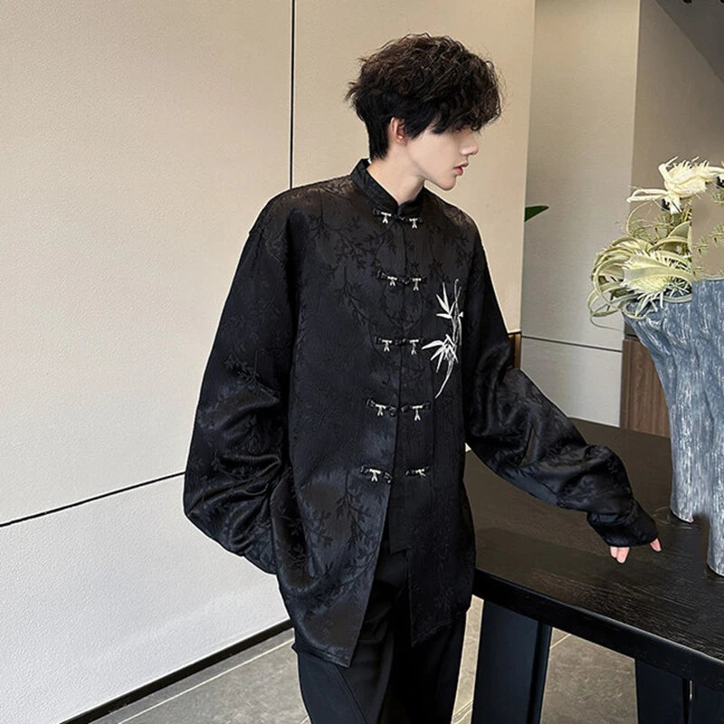 Loose Male Shirts Solid Color Single Breasted New Chinese Embroidered Bamboo Leaf Shirt Spring Summer Men's Top 9W1345