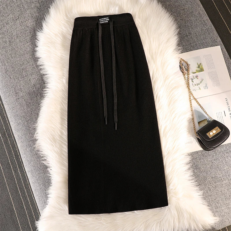 Casual Knit Midi Pencil Skirt Women 2022 Fashion Elastic High Waist Office Lady A-line Skirts Streetwear Autumn Winter