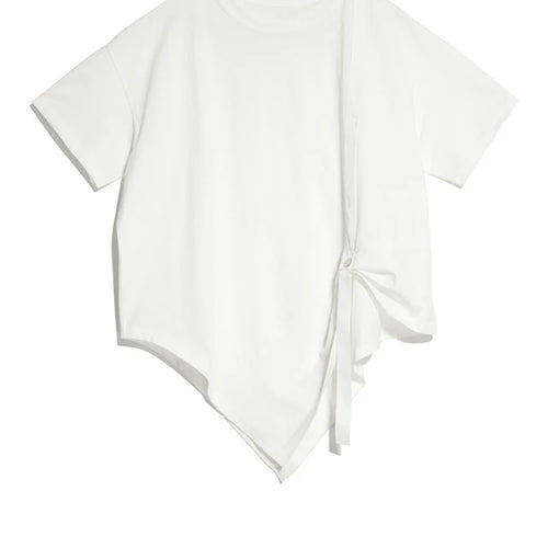 Load image into Gallery viewer, Women White Irregular Pleated Big Size Casual T-shirt New Round Neck Short Sleeve Fashion Tide Spring Summer 2025 1DJ1750
