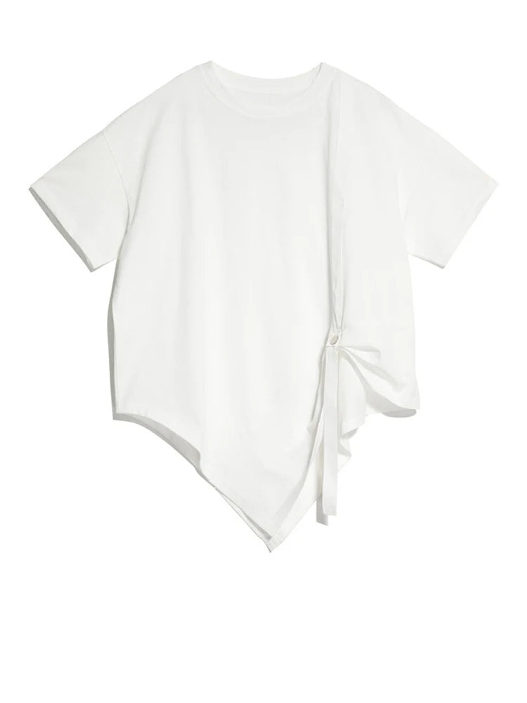 Women White Irregular Pleated Big Size Casual T-shirt New Round Neck Short Sleeve Fashion Tide Spring Summer 2025 1DJ1750