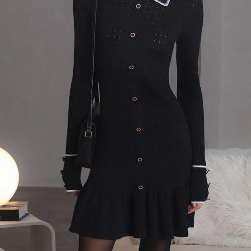 Load image into Gallery viewer, Autumn Long Sleeve Knit Dress For Women Fashion Lapel Single-btrasted Button High Waist Ruffled Mini Dress Knitwear
