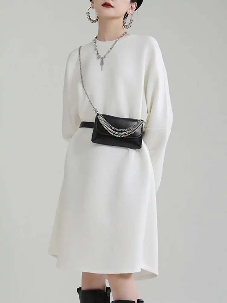 Women White Big Size Shaped Long Dress New Round Neck Long Sleeve Loose Fit Fashion Tide Spring Autumn 2025 1DE4098