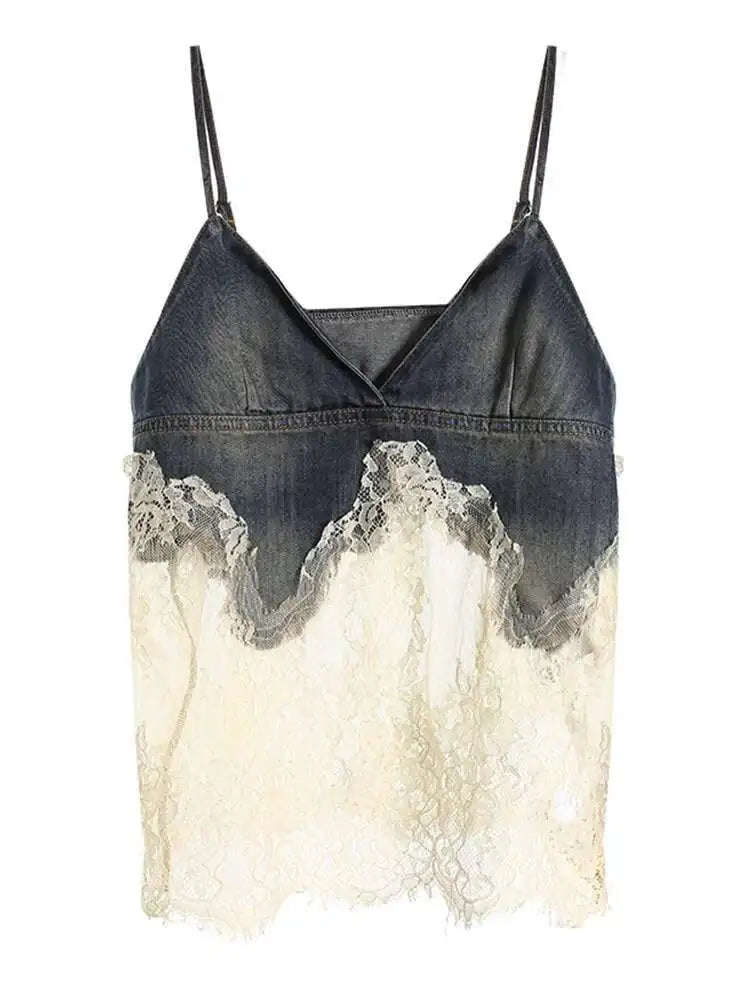 Denim Lace Elegant Tank Top Wide Leg Shorts Two Piece Suit New V-Neck Women Fashion Tide Spring Summer 2025 7AB4274