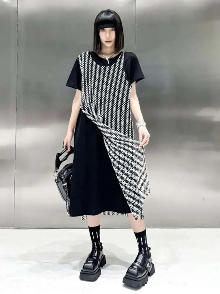 Women Black Irregular Mesh Big Size Casual Midi Dress New Round Neck Short Sleeve Fashion Tide Spring Summer 2025 1DH5415