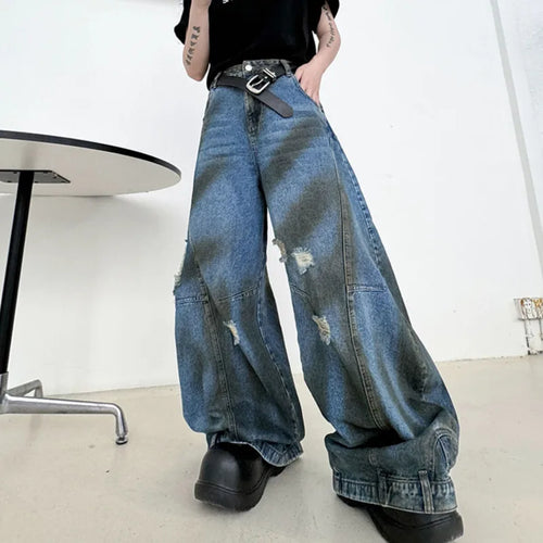 Load image into Gallery viewer, American Style Men&#39;s Jeans New Stylish Flip Design Wide Leg Dirty Pants High Street Men Wear Male Denim Trousers 9C7025
