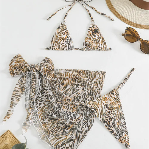 Load image into Gallery viewer, Leopard Bikini Set Three Pieces Swimsuit with Skirt Women Halter Bikini Sexy Bandage Bathing Suit Women Swimwear
