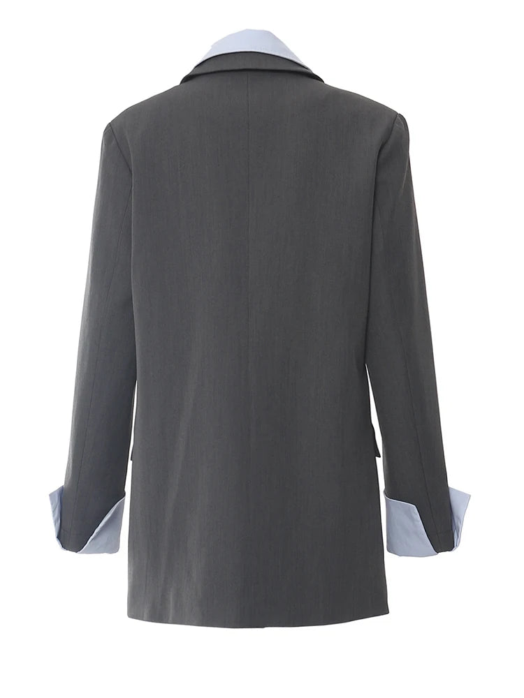 Women Brown Color-block Big Size Elegant Blazer New Lapel Long Sleeve Jacket Fashion Tide Spring Autumn 2025 1DH5932