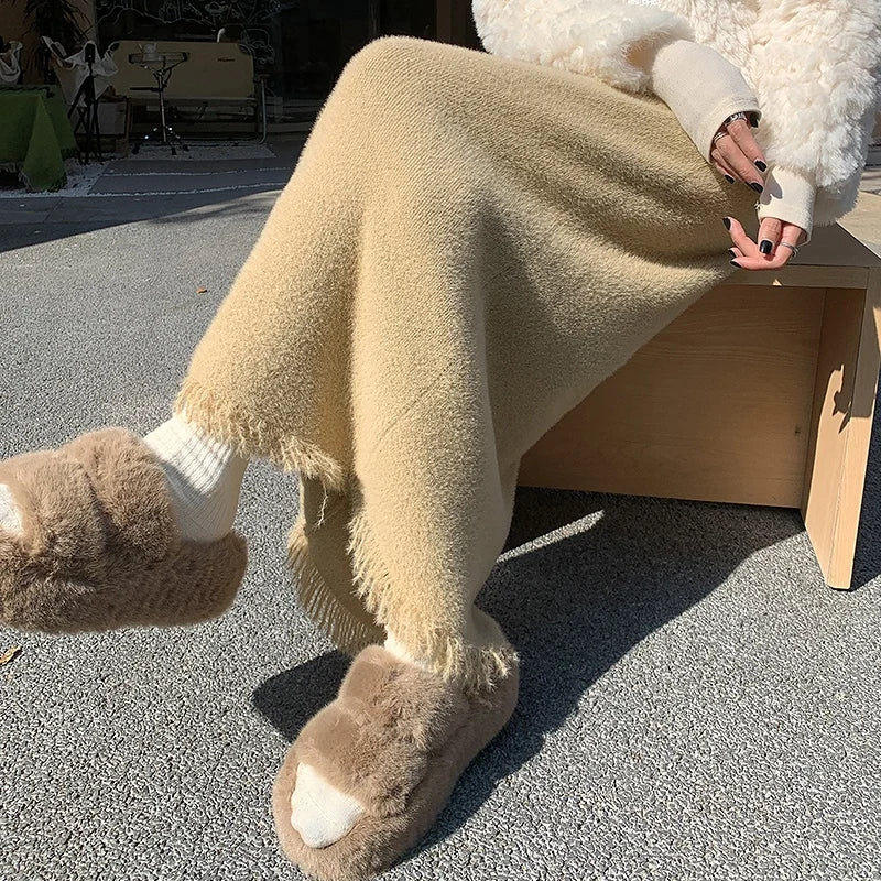 Korean Fashion Black White Tassels Elegant High Waist Long Skirt Women Khaki Slim Versatile Party Skirts 2024 New Autumn Winter