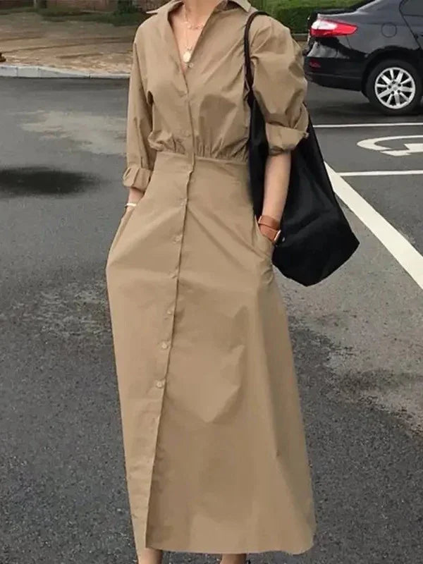 Women Casual Long Shirts Dresses 2025 Summer Spring Clothes Khaki Puff Sleeves Botton Simple Maxi Dresses for Women