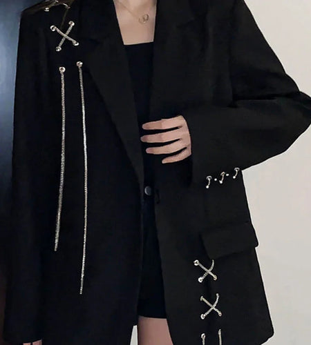 Harajuku Women Jackets Black Gothic Punk Hip Hop Solid Vintage Blazer Coats  Chic Chain Loose Jacket Streetwear
