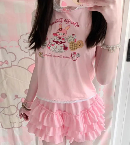 Japanese Kawaii Cartoon Embroidery Y2k Tops Aesthetic Fairy Cute Bow T-shirt Women Harajuku Summer Lace Patchwork Graphic Tees