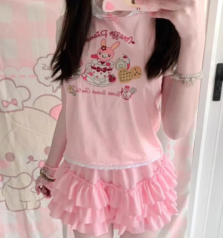 Japanese Kawaii Cartoon Embroidery Y2k Tops Aesthetic Fairy Cute Bow T-shirt Women Harajuku Summer Lace Patchwork Graphic Tees