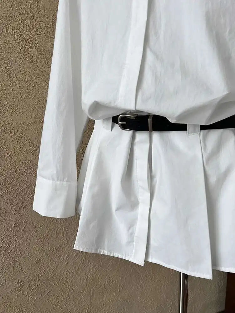 Women White Hem Pleated Elegant Big Size Mini Shirt Dress New Lapel Long Sleeve Fashion Tide Spring Autumn 2025 1DH9552