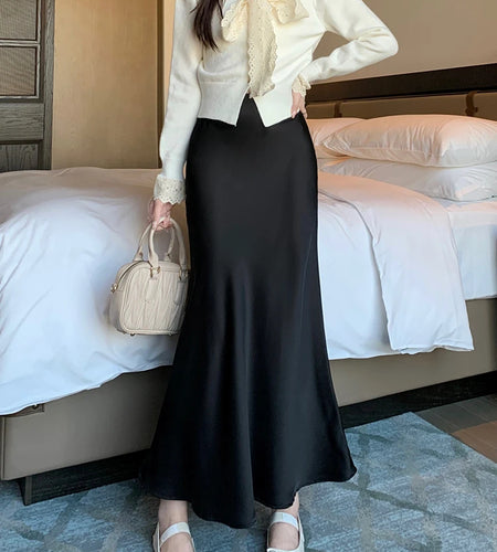 Autumn French 2024 Solid High Waist Vacation Long Skirt For Women Office Elegant Versatile Wrap Hip Fishtail Skirts Simplicity