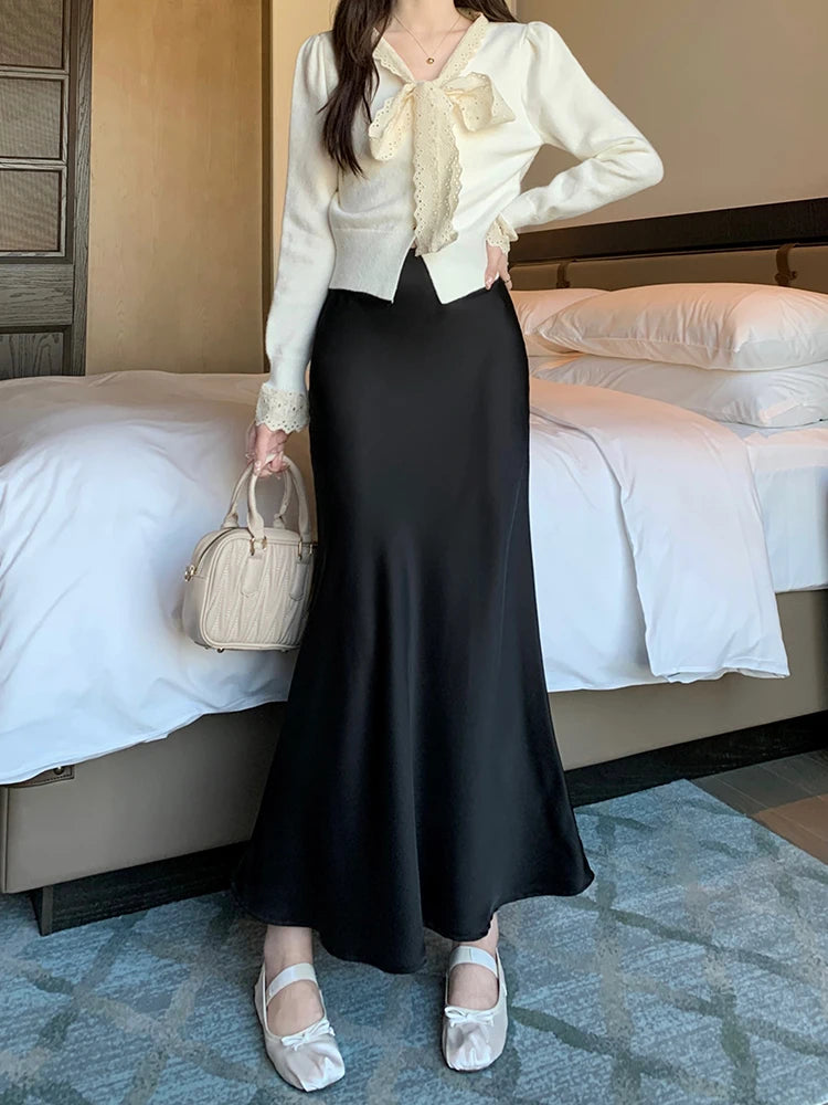 Autumn French 2024 Solid High Waist Vacation Long Skirt For Women Office Elegant Versatile Wrap Hip Fishtail Skirts Simplicity