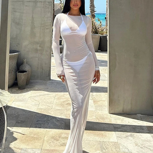 Load image into Gallery viewer, Sexy See Through Gauze Close Fitting Long Dress Basics Solid Color Straight Shoulder Long Sleeve Robe Summer Lady Clothes
