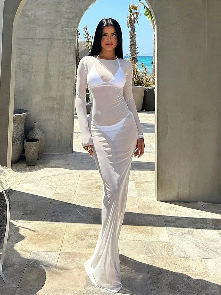 Sexy See Through Gauze Close Fitting Long Dress Basics Solid Color Straight Shoulder Long Sleeve Robe Summer Lady Clothes